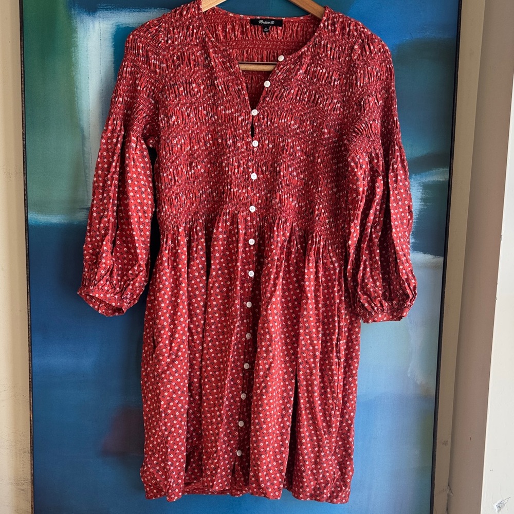Madewell Women's Floral Print Smocked Button Front Long Sleeve Dress.